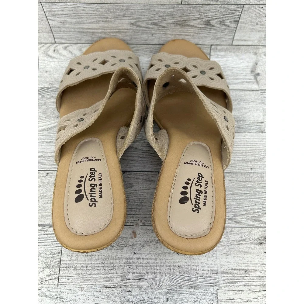 Spring Step Women Beige Leather Laser Cut Floral Wedge Slide Sandals Italy Sz 38